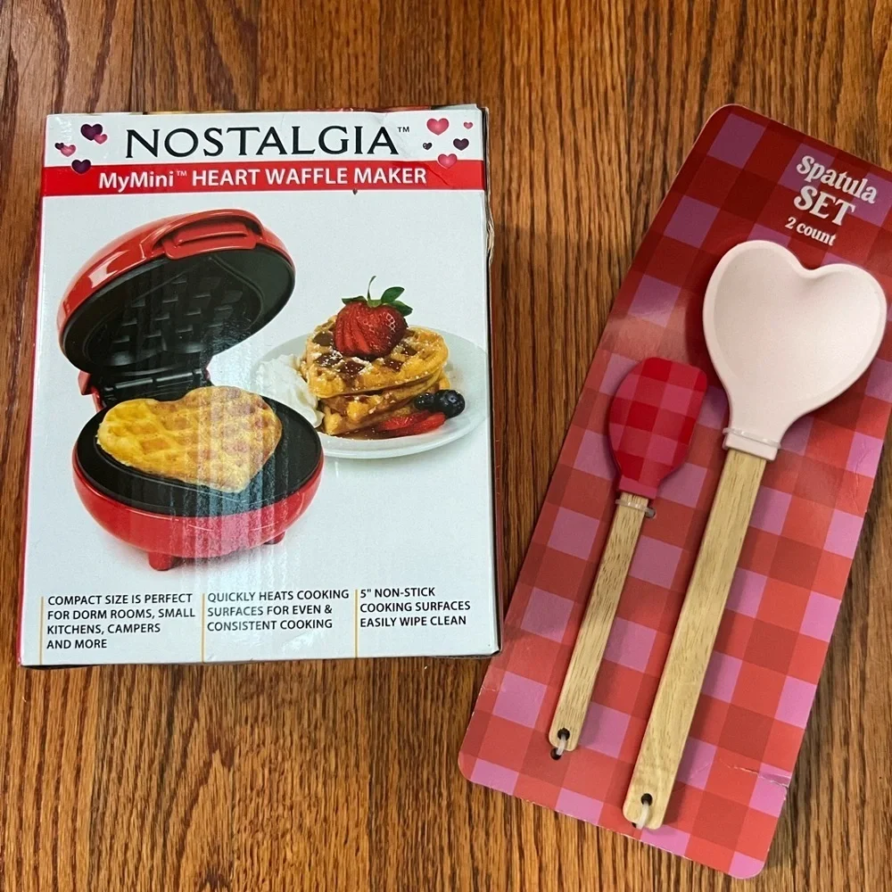 New Nostalgia Mini Electric Heart Waffle Maker, Red with Spatula Set